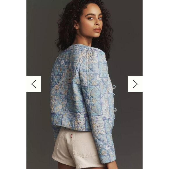 Anthropologie Dolan Bow Front Linen Quilted Lady Jacket Size Medium NWT - Picture 2 of 8